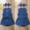 طقم اطفال جينز  - شورت وسترة مع ربطة رأس - Image 3