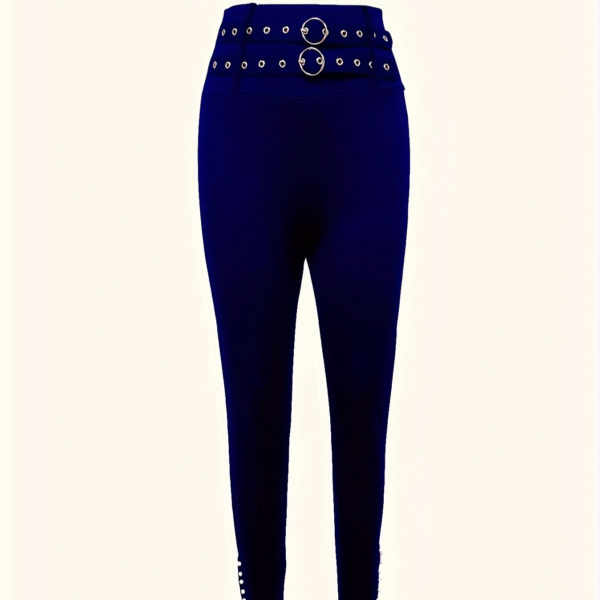 Ladies' Solid Color Buckle And High Waisted Perforated Pants Sexy Slim Fit Pants Sexy Versatile New Clothes - Image 3